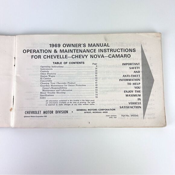 1969 Chevrolet Camaro Chevelle Nova Owner's Manual 3rd Edition - Picture 4 of 8